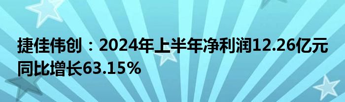 捷佳伟创：2024年上半年净利润12.26亿元 同比增长63.15%