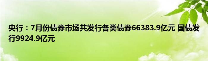 央行：7月份债券市场共发行各类债券66383.9亿元 国债发行9924.9亿元