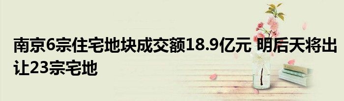 南京6宗住宅地块成交额18.9亿元 明后天将出让23宗宅地