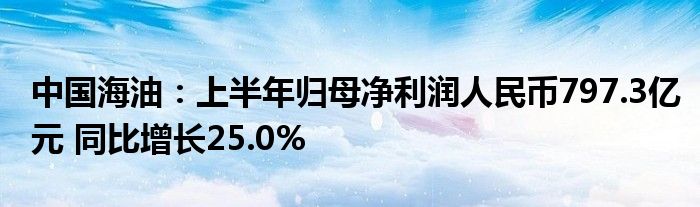 中国海油：上半年归母净利润人民币797.3亿元 同比增长25.0%