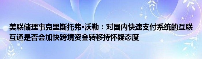 美联储理事克里斯托弗·沃勒：对国内快速支付系统的互联互通是否会加快跨境资金转移持怀疑态度