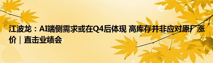 江波龙：AI端侧需求或在Q4后体现 高库存并非应对原厂涨价｜直击业绩会