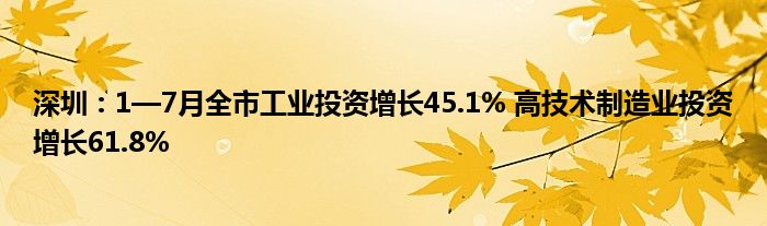 深圳：1—7月全市工业投资增长45.1% 高技术制造业投资增长61.8%