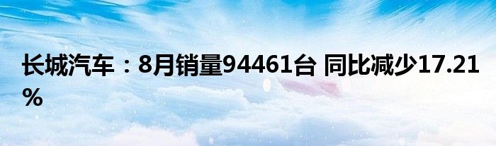 长城汽车：8月销量94461台 同比减少17.21%