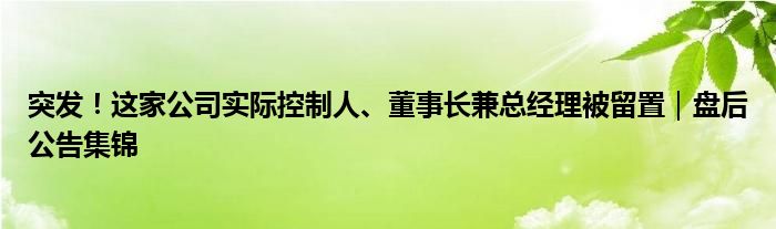 突发！这家公司实际控制人、董事长兼总经理被留置｜盘后公告集锦