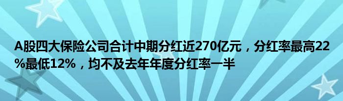 A股四大保险公司合计中期分红近270亿元，分红率最高22%最低12%，均不及去年年度分红率一半