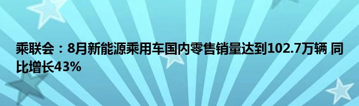 乘联会：8月新能源乘用车国内零售销量达到102.7万辆 同比增长43%