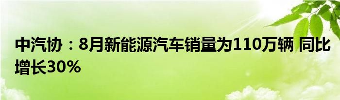 中汽协：8月新能源汽车销量为110万辆 同比增长30%