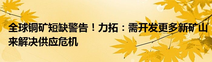 全球铜矿短缺警告！力拓：需开发更多新矿山来解决供应危机