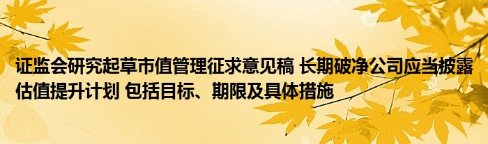 证监会研究起草市值管理征求意见稿 长期破净公司应当披露估值提升计划 包括目标、期限及具体措施