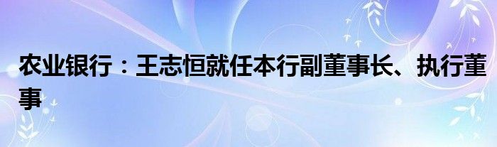 农业银行：王志恒就任本行副董事长、执行董事