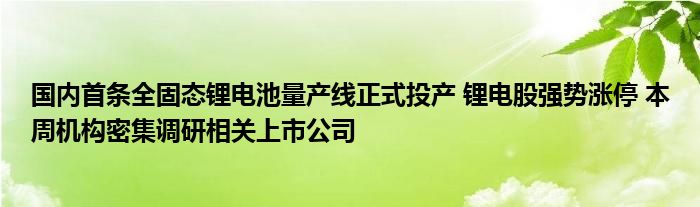 国内首条全固态锂电池量产线正式投产 锂电股强势涨停 本周机构密集调研相关上市公司