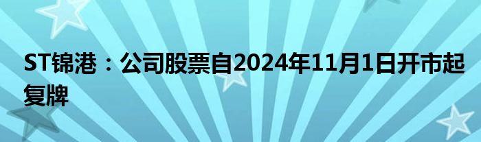 ST锦港：公司股票自2024年11月1日开市起复牌